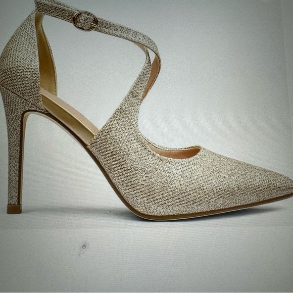 NWT Women’s Gold Glitter Heels Size 6  4" Pointed Toe Crossed Ankle Strap - Picture 5 of 16